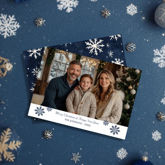 Minimal Navy Snowflake Accent Christmas Photo シーズンカード