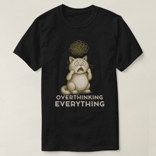 Minimal Overthinking Cat Thoughtful Illustration Tシャツ (デザイン正面)
