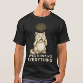 Minimal Overthinking Cat Thoughtful Illustration Tシャツ (正面)