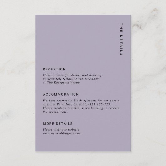 Minimal Pale Purple Modern Simple Wedding Details エンクロージャーカード (正面)