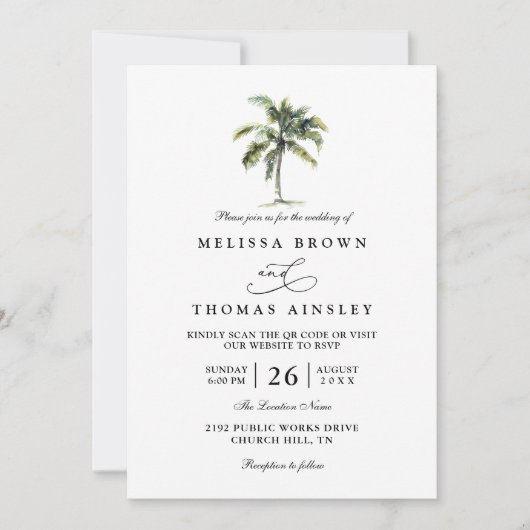 Minimal Palm Tree Tropical Beach QR Code Wedding 招待状 (正面)