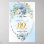 Minimal Pastel Blue Floral 90th birthday welcome ポスター (正面)