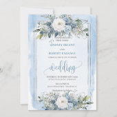 Minimal Pastel Blue White Silver Peonies ウェディング 招待状 (正面)
