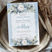 Minimal Pastel Blue White Silver Peonies Wedding 招待状