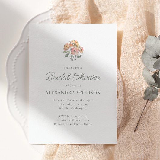 Minimal Peach Floral Bridal Shower Elegant Script 招待状
