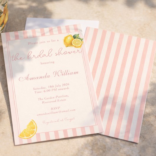 Minimal Peachy Stripes Lemons bridal Shower 招待状