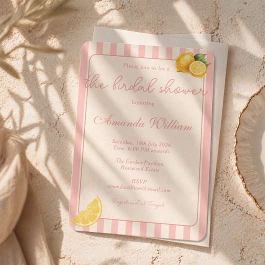 Minimal Peachy Stripes Lemons bridal Shower 招待状