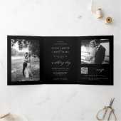 Minimal photo QR code RSVP details black wedding 三つ折り招待状 (内部)