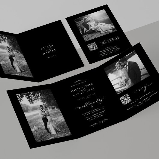 Minimal photo QR code RSVP details black wedding 三つ折り招待状