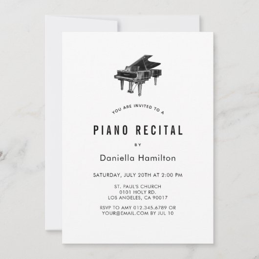 Minimal Piano White Recital Invitation 招待状 (正面)
