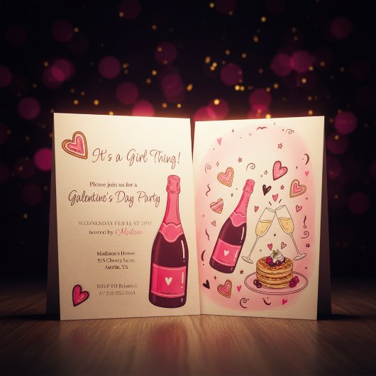 Minimal Pink Champagne Galentines Invitation 招待状