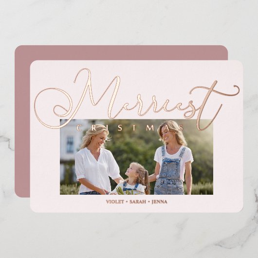 Minimal Pink Photo Merriest Christmas Typography 箔シーズンカード (正面/裏面)