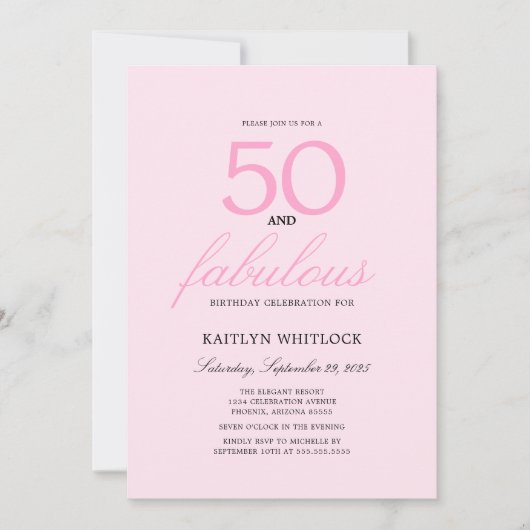Minimal Pink Script 50 and Fabulous 50th Birthday 招待状 (正面)