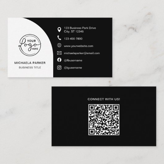 Minimal Professional Custom Logo QR Code Black 名刺 (正面/裏面)