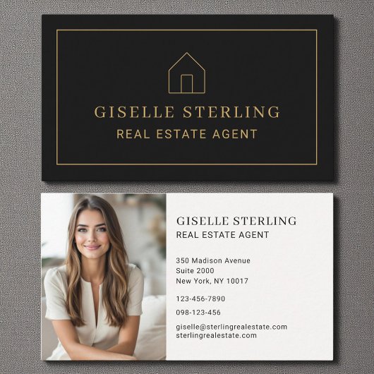 Minimal Real Estate Agent Black Gold House Photo 名刺