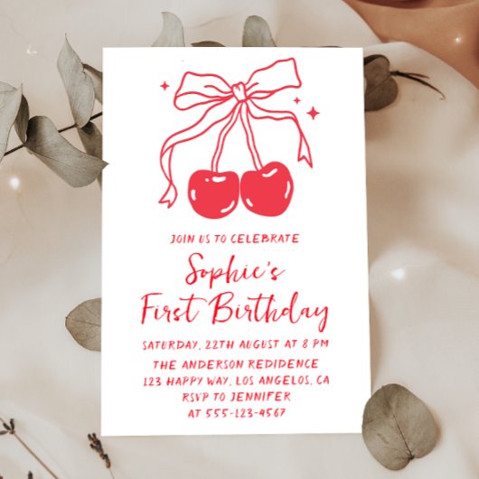 Minimal Red Bow Cherry Fruit 1st Birthday Party 招待状