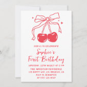 Minimal Red Bow Cherry Fruit 1st Birthday Party 招待状 (正面)