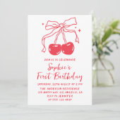 Minimal Red Bow Cherry Fruit 1st Birthday Party 招待状 (スタンド正面)