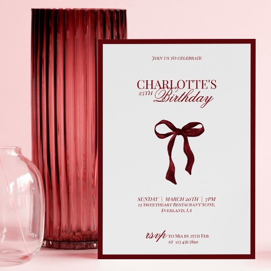 Minimal Red & Burgundy Bow Birthday Invitation 招待状