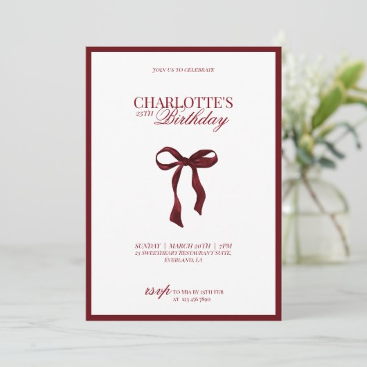 Minimal Red & Burgundy Bow Birthday Invitation 招待状 (スタンド正面)