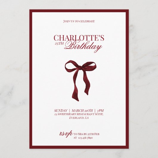 Minimal Red & Burgundy Bow Birthday Invitation 招待状 (正面)