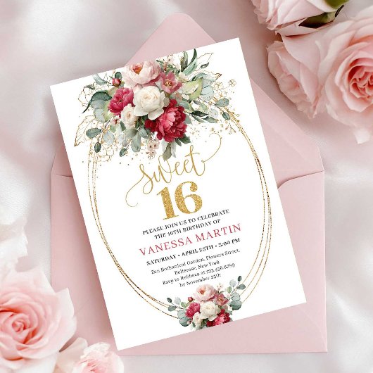 Minimal Red Burgundy Floral Sweet Sixteen Invite 招待状