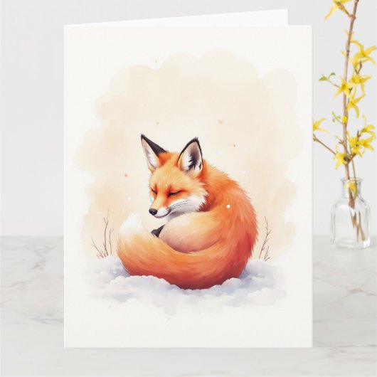 Minimal Red Fox Snowfall Watercolor Christmas Art カード (黄色い花)