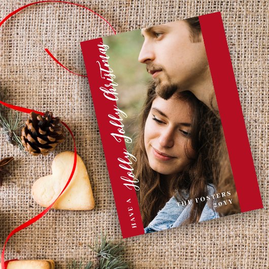 Minimal Red Holly Jolly Christmas Photo  シーズンカード