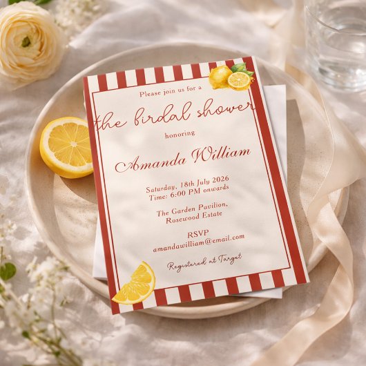 Minimal Red Stripes Italian Lemons bridal Shower 招待状