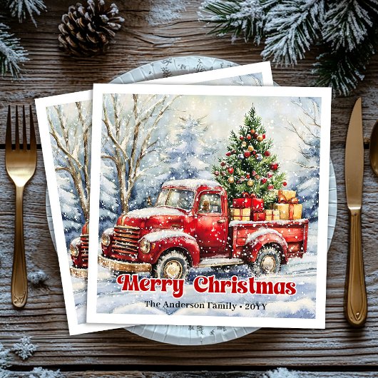 Minimal red truck Christmas scene rustic napkins