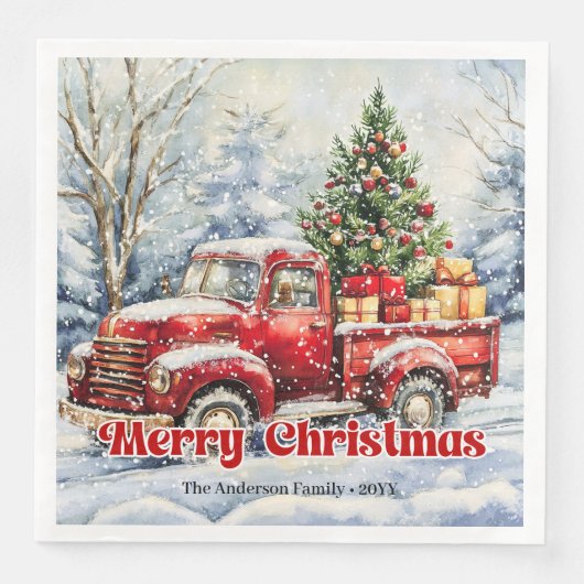 Minimal red truck Christmas scene rustic napkins (正面)
