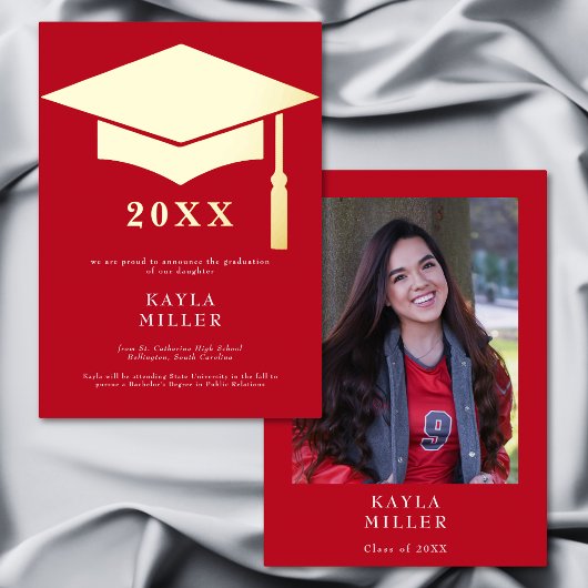 Minimal Red & White Gold Cap Grad Announcement 箔招待状