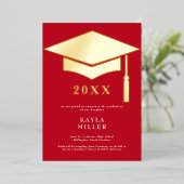 Minimal Red & White Gold Cap Grad Announcement 箔招待状 (立ち正面)