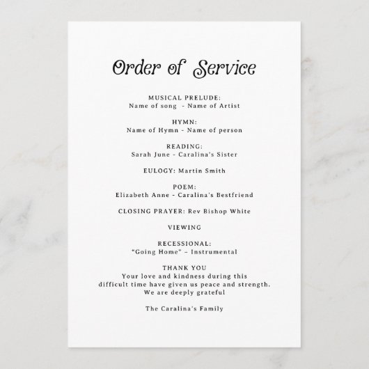 Minimal Retro Funeral Order of Service プログラム (裏面)