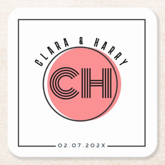 Minimal retro monogram initials Wedding  スクエアペーパーコースター (正面)
