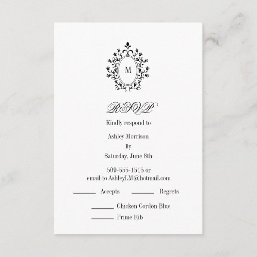 Minimal RSVP card Monogram With 2 Entree Choice エンクロージャーカード (正面)