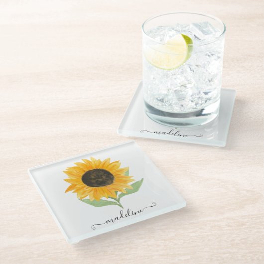 Minimal Rustic Sunflower Personalized Name Script ガラスコースター (アングル)