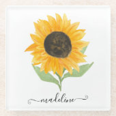 Minimal Rustic Sunflower Personalized Name Script ガラスコースター (正面)