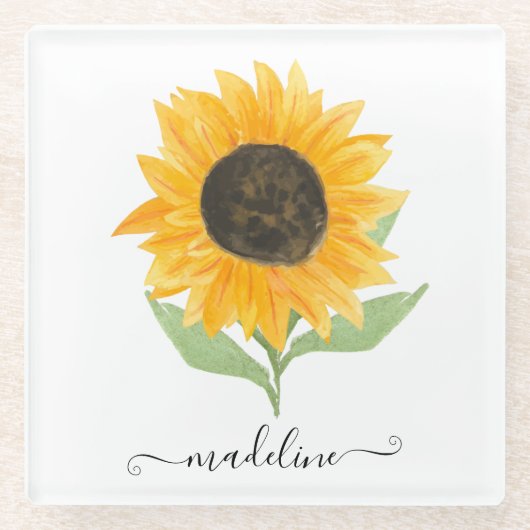 Minimal Rustic Sunflower Personalized Name Script ガラスコースター (正面)