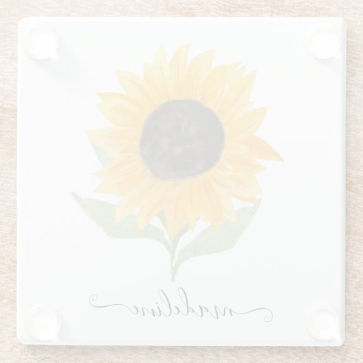 Minimal Rustic Sunflower Personalized Name Script ガラスコースター (裏面)