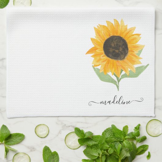 Minimal Rustic Sunflower Personalized Name Script キッチンタオル (折り畳み)