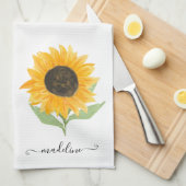 Minimal Rustic Sunflower Personalized Name Script キッチンタオル (四つ折り)