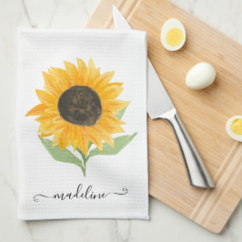 Minimal Rustic Sunflower Personalized Name Script キッチンタオル