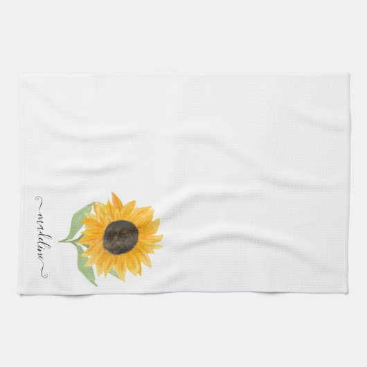 Minimal Rustic Sunflower Personalized Name Script キッチンタオル (横)