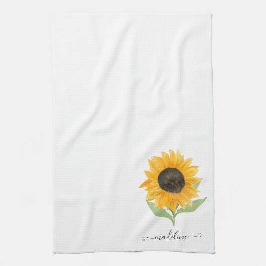 Minimal Rustic Sunflower Personalized Name Script キッチンタオル (縦)