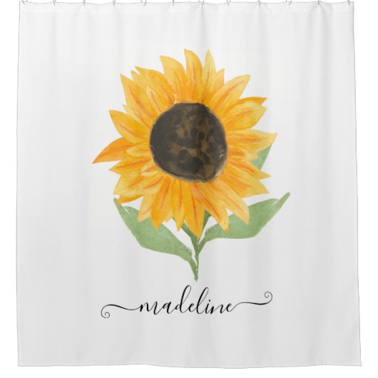 Minimal Rustic Sunflower Personalized Name Script シャワーカーテン (正面)