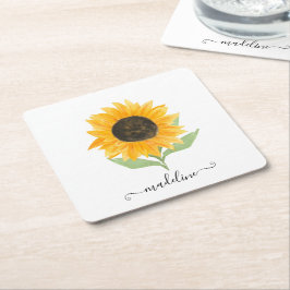 Minimal Rustic Sunflower Personalized Name Script スクエアペーパーコースター