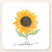 Minimal Rustic Sunflower Personalized Name Script スクエアペーパーコースター (正面)