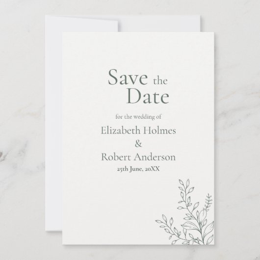 Minimal Sage Green Botanical Save the Date 招待状 (正面)