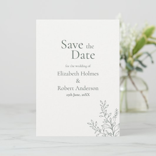 Minimal Sage Green Botanical Save the Date 招待状 (スタンド正面)